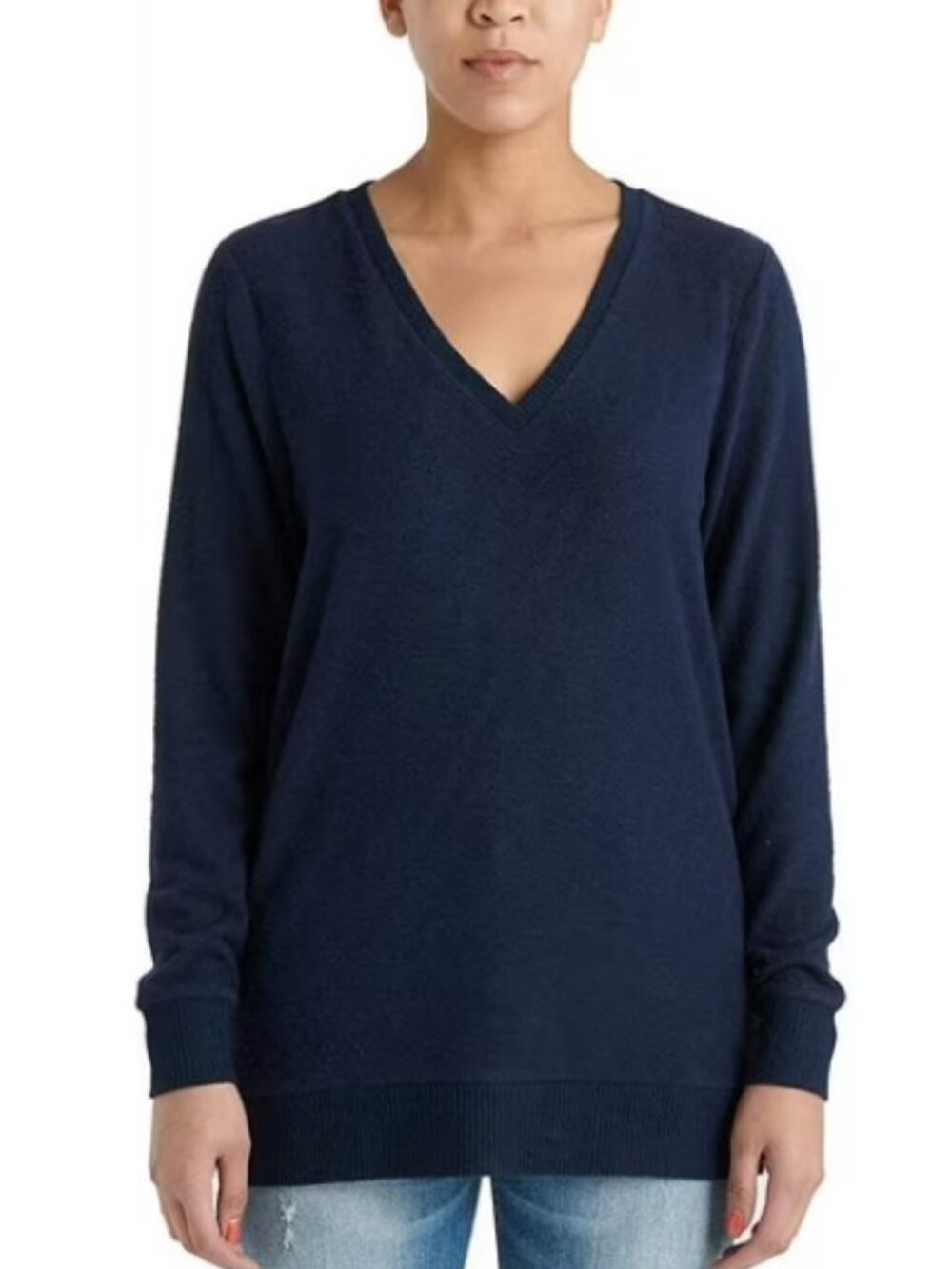 Lucky Brand Ladies' V-Neck Tunic Long Sleeves Pullover Light Sweater Navy